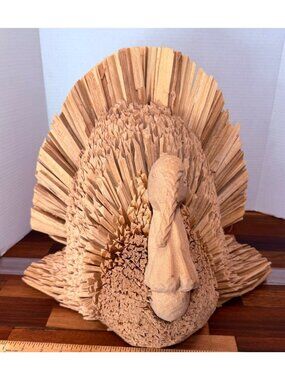 Vintage Folk Art Handcrafted Corn Husk & Wood Turkey Figurine – 15" Heavy Textur